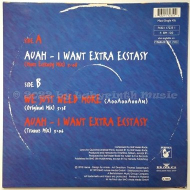 The Adam & Eve Project - Auah - I Want Extra Ecstasy • 12" Vinyl Maxi • MINT - Labyrinth Music