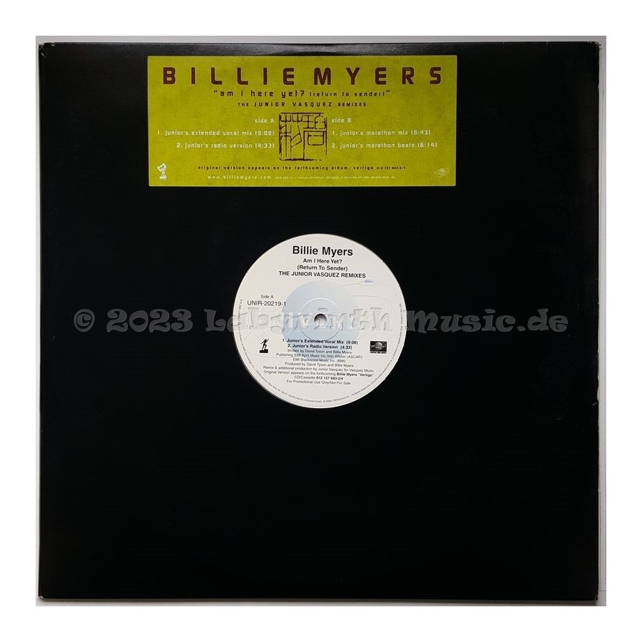 Billie Myers - Am I Here Yet (Return To Sender) • The Junior Vasquez Remixes • 12" Vinyl Maxi • EX - Labyrinth Music