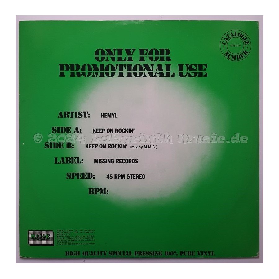 Hemyl - Keep On Rockin' • 12" Vinyl Maxi • MINT - Labyrinth Music